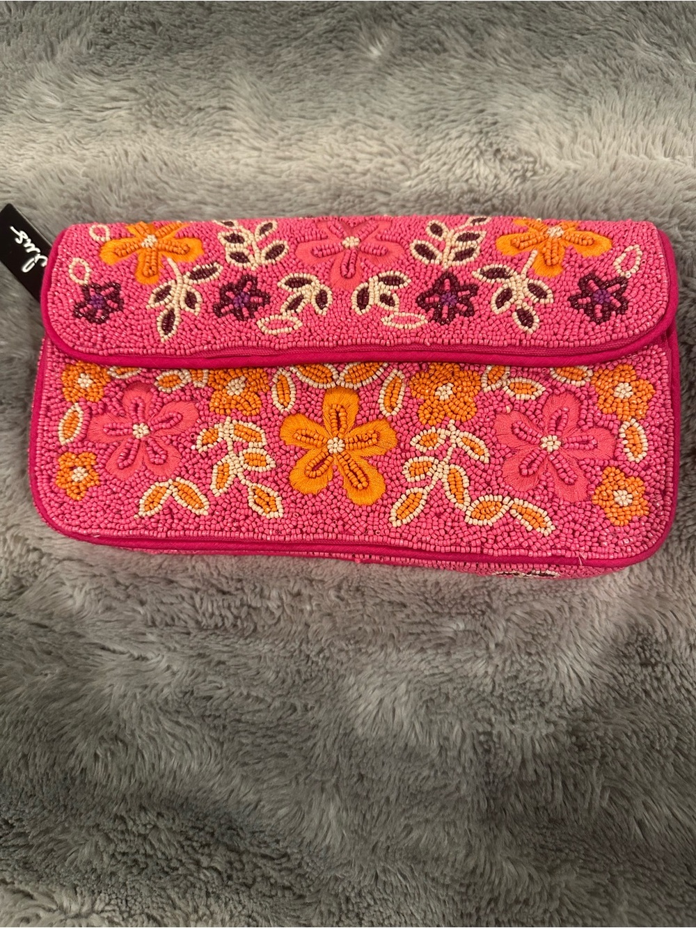 Lulu's Pink Beaded Floral Clutch with Orange Accents